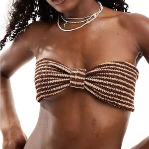 Miss Selfridge crinkle stripe knot front bandeau bikini top in neutral strip